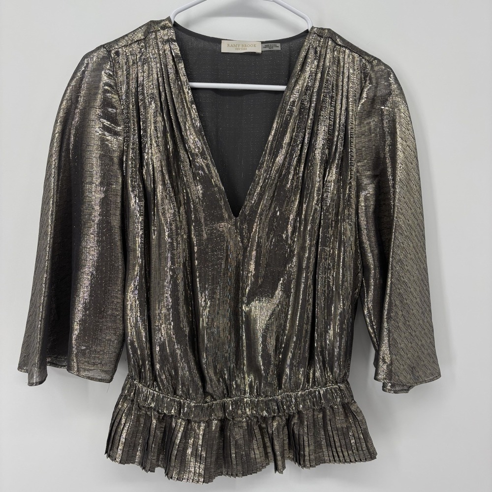 Ramy Brook Tonya Gold Metallic‎ Silk V-Neck Short Sleeve Pleated Blouse Size XS